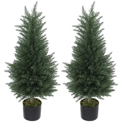 Image of HOMCOM Set of 2 Decorative Artificial Plant, 90 cm Cypress Tree with 362 Leaves in Pot, UV Resistant Plastic Fake for Indoor Outdoor Home Office