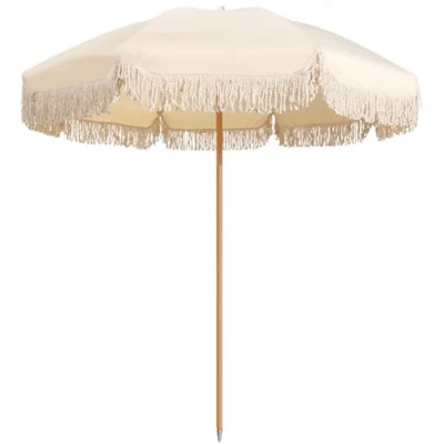 Image of Muuyorr 180cm Sunshade With Tilting Function, Retro Tassel Garden Umbrella, Pink Striped Parasol, Beach Parasol Patio, Solid Wood Shaft, UV Protection, No Base(Color:Pink and white stripes)