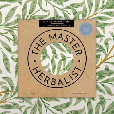Image of the Master Herbalist Fragrant FRESH LINEN Scented Drawer Liners in a WILLIAM MORRIS Design (FOLDED) Pack of 5 Sheets Contains Essential Oils Made UK