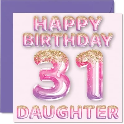 Image of 31st Birthday Card for Daughter Pink &amp; Purple Glitter Balloons Happy Cards 31 Year Old from Mum Dad Parents, 145mm x Bday Greeting Gift