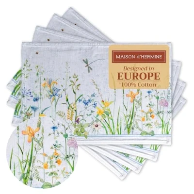 Image of Maison d&#039; Hermine Placemats 33cm x 48cm 100% Cotton Decorative Washable Easter Table Cloth Place Mat for Kitchen, Party, Wedding, Restaurant &amp; Camping, Fleurs De Mai Spring/Summer (Set of 4)