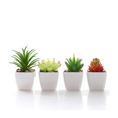 Image of Veryhome Fake Succulents Plants Artificial Potted in Mini Square White Pots for Home Garden Decor Green （Plastic Pots,4PCS）