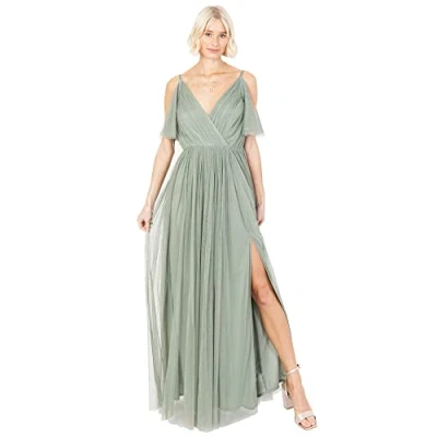 Image of Anaya with Love Women&#039;s Ladies Women Long Length Maxi Short Sleeve Cami V Neckline Empire Waist Bridesmaid Dress, Frosty Green, 12 UK