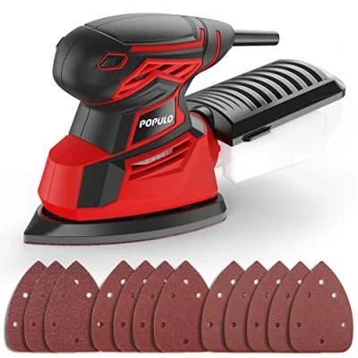 Image of POPULO Electric Mouse Sander, 130W 14000RPM 230V Detail Sander with 12Pcs Sandpapers, Hand Sanders for Wood Dust Collector, Compact Sanding Machine PEMS 140