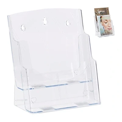 Image of Relaxdays Prospectus Holder A4 / DIN Long, 2 Tiers, Acrylic, Flyer Display, Table, Wall, HWD: 27.5x24x15cm, Transparent, Pack of 1