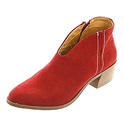 Image of Ladies Low Block Heel Shoes Pointed Toe Leather Ankle Boots Casual Comfy Chelsea Red 7.5 UK