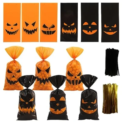 Image of 144PCS Halloween Candy Treat Bags, Clear Cellophane Goodies Bags With Twist Ties, Party Gift Supplies for Kids Snacks Cookies Popcorn