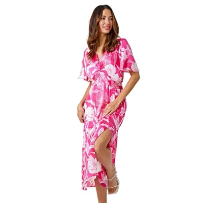Image of Roman Womens Floral Print Twist Front Midi Dress Pink Size 12 UK