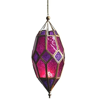 Image of Moroccan Style Hanging Glass Tealight Lantern (Medium Purple/Pink)