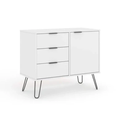 Image of Home Source White Sideboard Cupboard, Living Room Storage Cabinet, 1 Door, 3 Drawers, Engineered Wood, Small Sidebaord