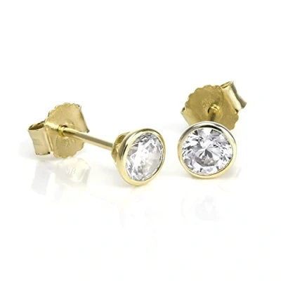 Image of 9ct Gold &amp; 4mm Round Clear CZ Crystal Rubover Stud Earrings