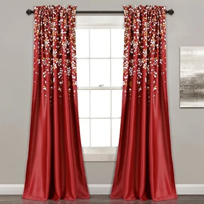 Image of Lush Decor Weeping Flowers Darkening Window Curtains Panel Set for Living, Dining Room, Bedroom (Pair), 52&quot; W x 84&quot; L, Red