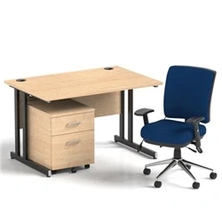 Image of Impulse 1200 Desk Maple/Black Cantilever 2 Dr Mobile Ped Blue Chair