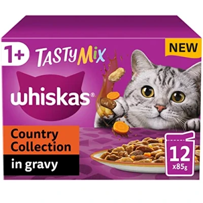Image of Whiskas Tasty Mix 1+ Country Colletion in Gravy 48 x 85 g Pouches, Adult Cat Food, Pack of 4 (12 g)