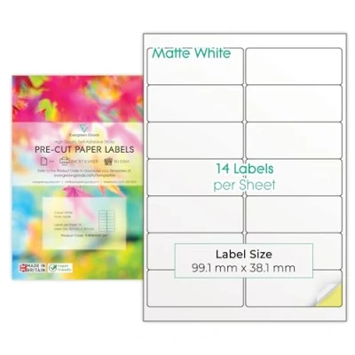 Image of Evergreen Goods A4 Precut Multi Sticker Labels Matte White 2x7, 14 per Sheet: 1,400 in Total, 100 Sheets Inkjet &amp; Laser Printable Sticky Back Self Adhesive Purpose Printing Paper