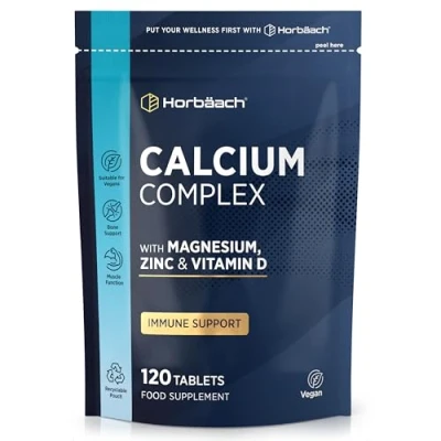 Image of Calcium Tablets Calcium, Magnesium, Zinc and Vitamin D High Strength Complex 120 Vegan Supplement for Women &amp; Men Horbaach