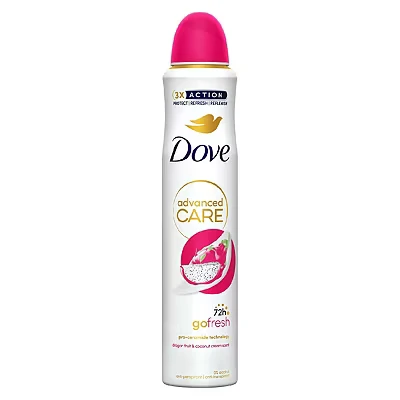 Image of Dove Advanced Go Care Fresh Dragonfruit &amp; Coconut Cream Anti Perspirant Aerosol Deodorant Spray for women, with pro ceramide technology 72 hour sweat protection 200 ml