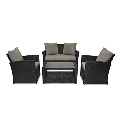 Image of EVRE Black 4 Seater Rattan Garden Conservatory Patio Furniture Sofa Armchair Roma Set with Glass Top Coffee Table Wicker Weave and Cushions