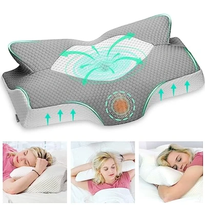 Image of Elviros Cervical Contour Memory Foam Pillow for Neck Pain Orthopedic Shoulder Ergonomic Head Support Side/Back/Stomach Sleepers with Removable Cover (Grey)