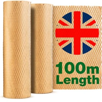 Image of Sustainable Honeycomb Packing Paper 100m x 30cm Made in UK Bubble Wrap Alternative Biodegradable Wrapping for Moving, &amp; Shipping and Breakables Brown