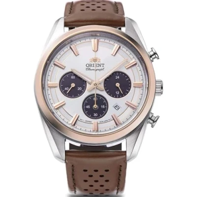 Image of Orient Stretto Solar Chronograph 40mm White Dial Brown Leather Strap