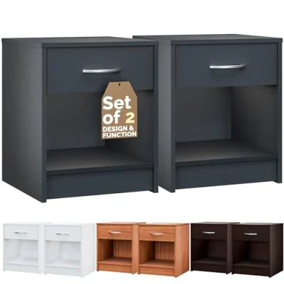 Image of CASARIA® 2x Hamburg Bedside Table Modern Nightstand with Drawer and Open Shelf 50cm Height Storage 50x40x35cm Chrome Handle Bedroom Cabinet Anthracite