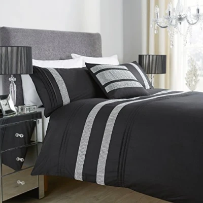 Image of LOOMS &amp; LEAVES Diamante Style Luxury GLITZ Duvet Covers Quilt Cover Sets Bedding (Black, Super King)