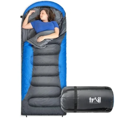 Image of Trail Alpine 250 XL Sleeping Bag with Hood (L230cm x W100cm), Large Extra Wide Envelope Bag, 2 to 3 Season Camping, Lightweight, Water Resistant, Soft Polycotton Liner, Compression (Blue)