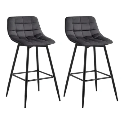 Image of WOLTU Bar Stools Set of 2 PCS Soft Velvet Seat Chairs Breakfast Kitchen Counter Metal Legs Barstools Dark Grey High with Backrests &amp; Footrests