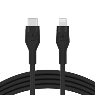 Image of Belkin BoostCharge Flex Silicone USB Type C to Lightning Cable (2M/6.6ft), MFi Certified 20W Fast Charging PD Power Delivery for iPhone 14/14 Plus, 13, 12, Pro, Max, Mini, SE, iPad and More Black
