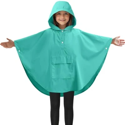 Image of JEMIDI Kids Rain Poncho Waterproof &amp; Breathable Exciting Water Reaction Pattern Unisex Design Includes Front Pocket Carry Bag Green, Large Size (11 15 Years)