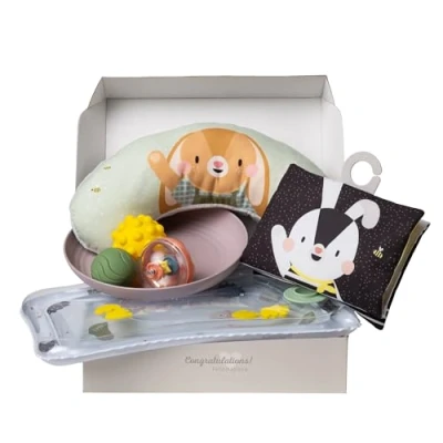 Image of Taf Toys Baby Tummy Time Kit High Contrast Black and White Crinkle Book, Support Pillow, Activity Water Mat, Sensory Balls, Plate Newborn Infant Toy Set 0 month