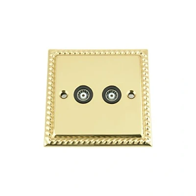 Image of TV Coaxial Aerial Socket Double 2 Gang Polished Mirror Brass Georgian Black Insert