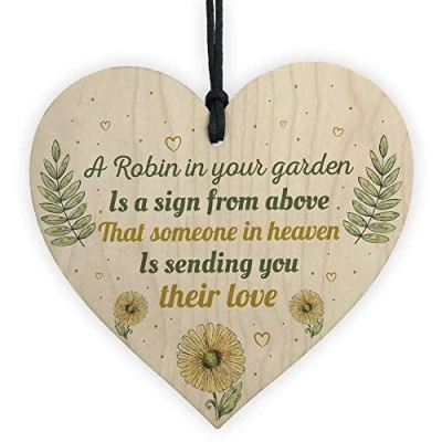 Image of RED OCEAN Robin Garden Memorial Grave Wooden Hanging Heart Sign Rememberance Plaque Inspirational Gift