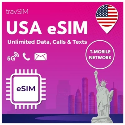 Image of travSIM USA eSIM T Mobile Network Unlimited data, calls &amp; texts in the for works on compatible iOS Android devices 10 Days