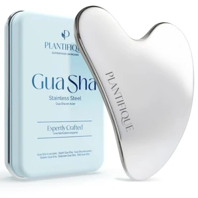 Image of PLANTIFIQUE Stainless Steel Gua Sha Facial Tool, Skin Massage Tool for Face, Body, Eyes, Neck, Heart Style with Travel Pouch, Skincare Gift