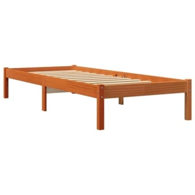 Image of vidaXL Solid Pine Wood Bedstead Wax Brown, Sturdy Frame &amp; Plywood Slats, Single Bed 90x200 cm for Bedroom
