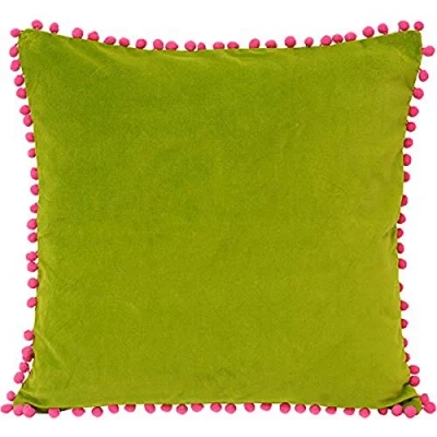 Image of Riva Paoletti Polyester Filled Cushion Faux Velvet Fabric Contrasting Fuchsia Pink Pompom Edges Hidden Zip Closure 100% Soft (18&quot; X 18&quot; Inches), Cotton, Green, 45 45cm