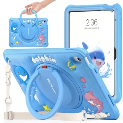 Image of TECHGEAR BubblyToons Kids Case for Apple iPad 10th Generation 10.9&quot; / 10 2022 Nursery Schools Child Friendly Soft &amp; Rugged Tough Case, 360 Rotating Stand Ring Grip Hand Holder Dolphin