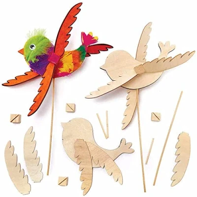 Image of Baker Ross FC689 Bird Wooden Windmill Kits Pack of 3, Wood Craft for Kids, Kids Painting Crafts, Garden Crafts