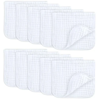 Image of Comfy Cubs Muslin Cloths for Baby, Baby Essentials, Burp Cloths, Squares, 100% Cotton, Hand Washcloths 6 Layers Extra Absorbent and Soft (White, 10 Pack, 50 X 25 CM)