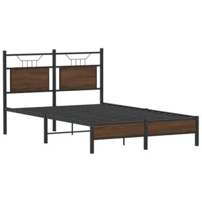 Image of vidaXL small double bed frame 120x190 cm brown oak engineered wood slatted base with headboard for bedroom, under storage, includes only bedstead, 196x126x91.5 assembly required