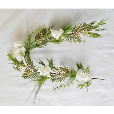 Image of 1.5m Natural Looking Artificial Green Leaves, Golden Berries and White Hydrangea Flowers Garland Home Wall Door Mantel Fireplace Hanging Xmas Wedding Christmas Decorations