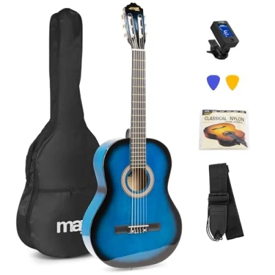 Image of Classical Acoustic Guitar Set with Gig Bag, Tuner, Strap and Nylon Strings Beginners Starter Pack, SoloArt 39&quot; Blue