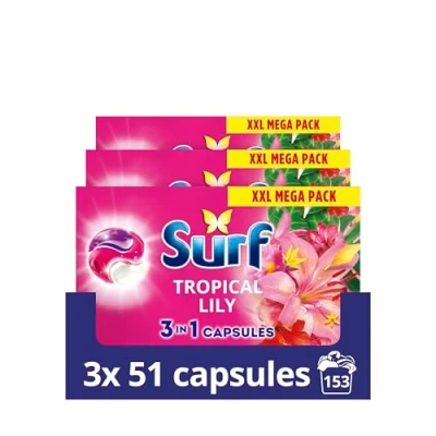 Image of Surf 3 in 1 Tropical Lily Laundry Washing Detergent Capsules 153 washes (3x 51 capsules) joy infused fragrance with natural essential oils lasting up to 12 hours wear for brilliantly clean results