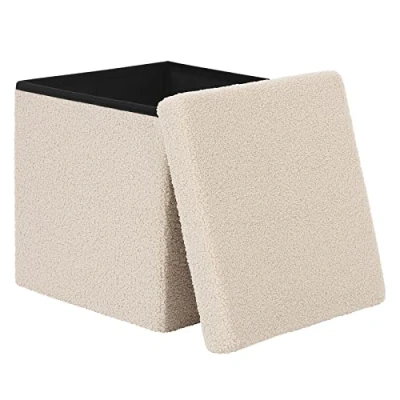 Image of eSituro Ottoman Storage Box, Pouffe Foot Stool with Storage, Cube 38L Capacity, Foldable Chair, Toy Box Stool, Teddy Fleece, 37.5x37.5x37.5cm, Beige