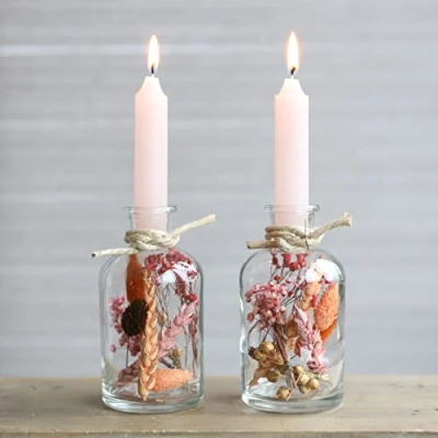 Image of comforder Glass Candlestick Holder w. Dried Flowers, Candle Set of 2, Home Decor or Table Centrepiece (Pink)