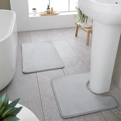 Image of Catherine Lansfield Anti Bacterial Memory Foam Bath Mat and Pedestal Set Silver Grey