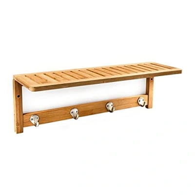 Image of Relaxdays Wall Mount Towel Rack, Size: 18 x 50 16 cm, w/ 4 Hooks, Bamboo, Natural Brown