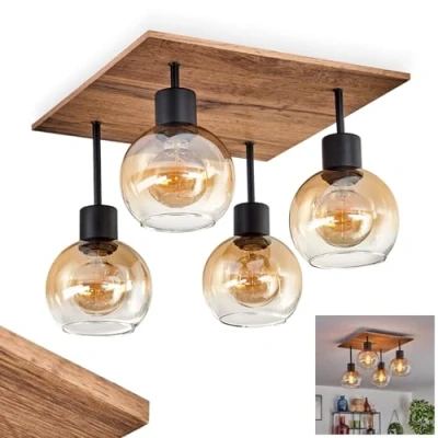 Image of Vouhet Ceiling Light, lamp Made of Metal/MDF/Glass in Black/Brown Wood Look/Amber Colour, Retro/Vertical Design with Glass Shades (Ø 15 cm), 4 x E27, Without Bulbs